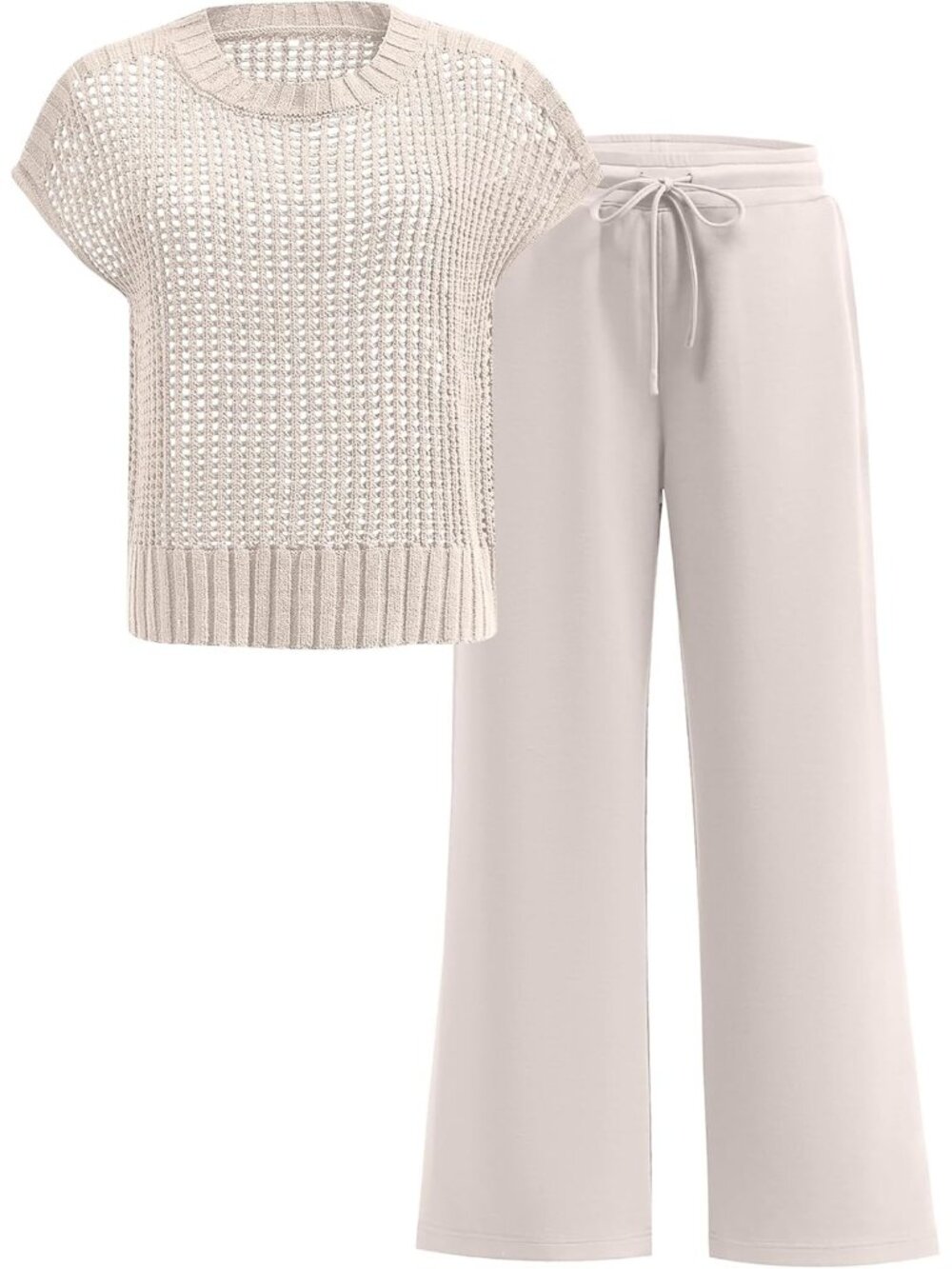 🆕Women Apricot Two Piece Outfits Crochet Sheer Knit Sweater Top Wide Leg Pants